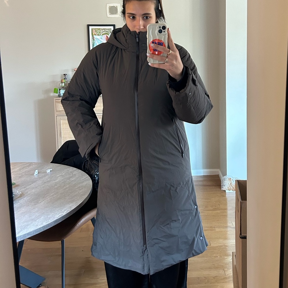 Uniqlo ultra warm hybrid down long coat brown grey